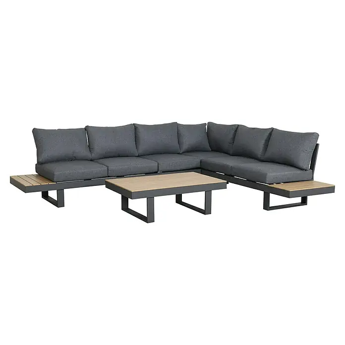 Loungemöbel-Set Lugano - 3 -tlg., Aluminium, Anthrazit/Braun - Graues Outdoor-Ecksofa mit hellen Holz-Beistelltischen und passendem Couchtisch.