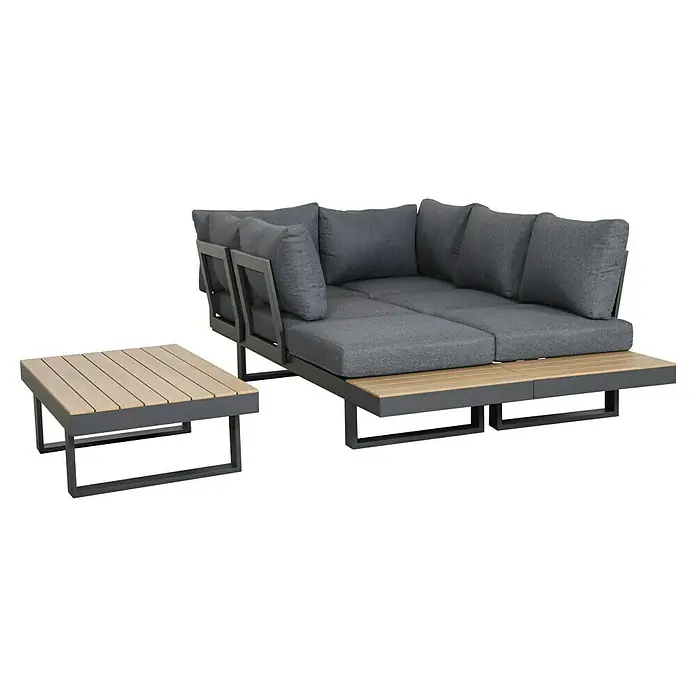 Loungemöbel-Set Lugano - 3 -tlg., Aluminium, Anthrazit/Braun - Dunkelgraue Outdoor-Lounge-Sitzgruppe mit hellen Holzdetails und passendem Couchtisch.