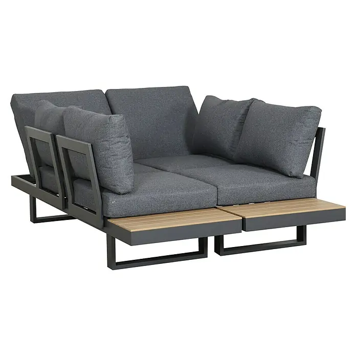 Loungemöbel-Set Lugano - 3 -tlg., Aluminium, Anthrazit/Braun - Graues Outdoor-Ecksofa mit dunkelgrauem Rahmen und hellen Holztischchen.