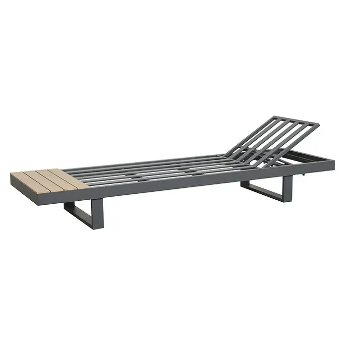 Loungemöbel-Set Lugano - 3 -tlg., Aluminium, Anthrazit/Braun - Graue Metall-Sonnenliege mit hellen Holzlatten und verstellbarer Rückenlehne.