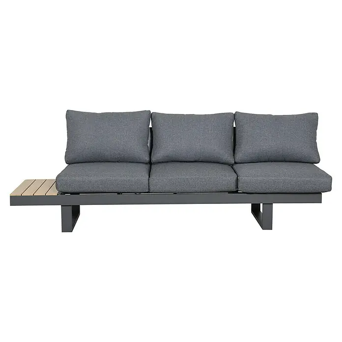 Loungemöbel-Set Lugano - 3 -tlg., Aluminium, Anthrazit/Braun - Outdoor-Sofa mit dunkelgrauem Gestell, drei grauen Stoffkissen und integriertem hellem Holztisch auf der linken Seite.