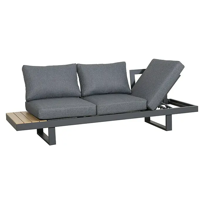Loungemöbel-Set Lugano - 3 -tlg., Aluminium, Anthrazit/Braun - Modulares Outdoor-Lounge-Sofa mit grauen Kissen, dunkelgrauem Metallrahmen, hellem Holztisch und verstellbarer Rückenlehne.