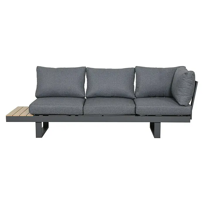 Loungemöbel-Set Lugano - 3 -tlg., Aluminium, Anthrazit/Braun - Graues Outdoor-3-Sitzer-Sofa mit dunkelgrauem Metallrahmen, Kissen und integriertem Holztisch.