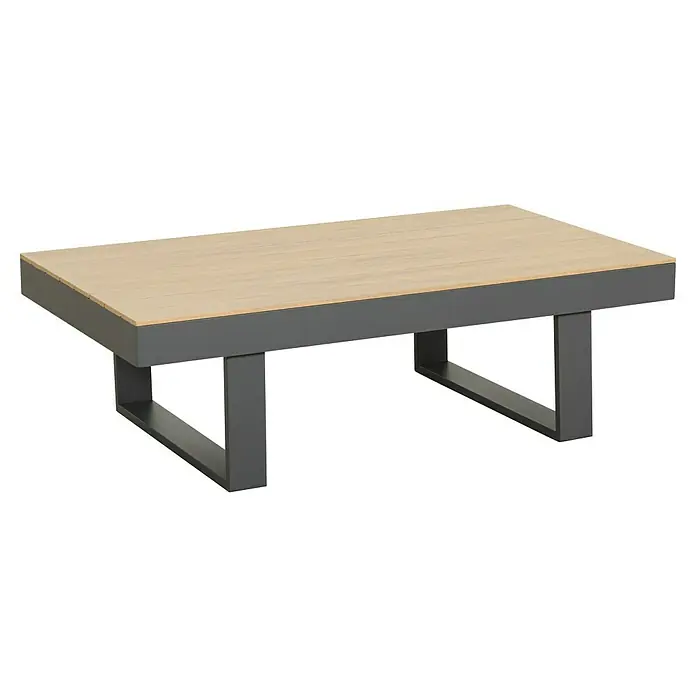Loungemöbel-Set Lugano - 3 -tlg., Aluminium, Anthrazit/Braun - Rechteckiger Couchtisch mit heller Holzplatte und dunkelgrauem Metallgestell.
