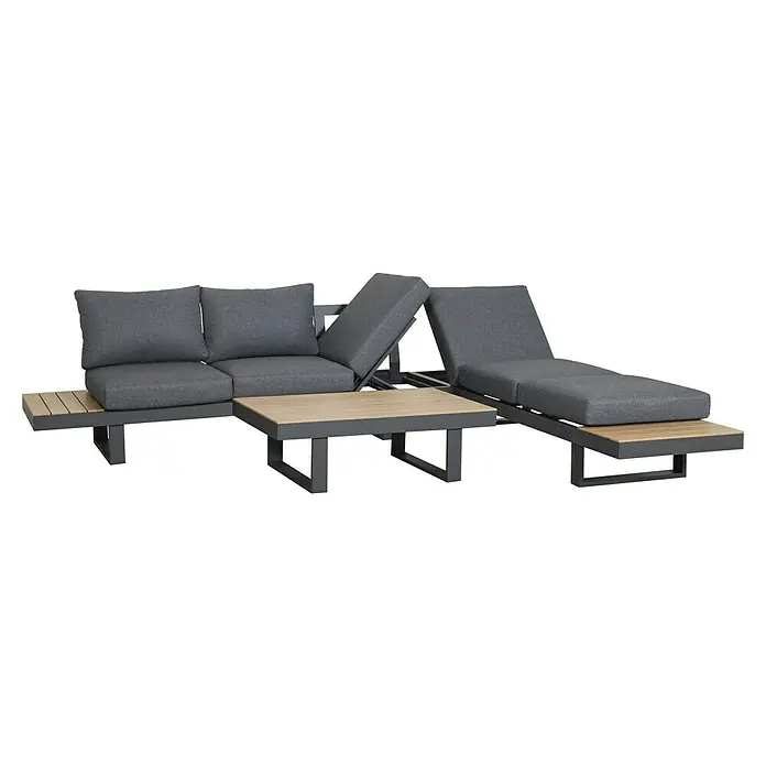Loungemöbel-Set Lugano - 3 -tlg., Aluminium, Anthrazit/Braun - Modulares Outdoor-Lounge-Set mit dunkelgrauen Polstern, dunkelgrauem Metallrahmen und hellen Holz-Elementen. Mit verstellbarer Chaiselongue und Couchtisch.