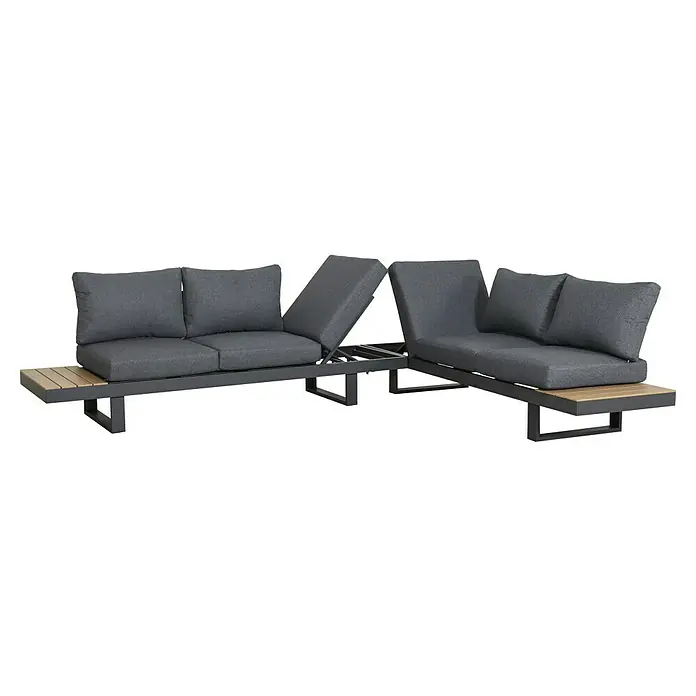 Loungemöbel-Set Lugano - 3 -tlg., Aluminium, Anthrazit/Braun - Modulares, dunkelgraues Outdoor-Loungesofa mit verstellbaren Abschnitten und Holz-Beistelltischen.