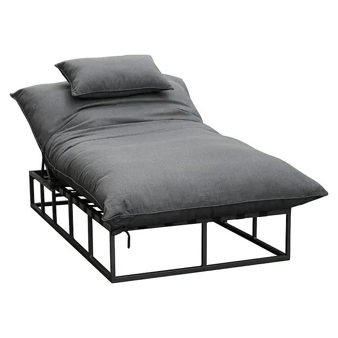 Sonnenliege Bona Middle - B x T x H: 130 x 200 x 35 cm, Aluminium, Dunkelgrau - Graues Stoff-Futon-Tagesbett mit schwarzem Metallrahmen und verstellbarer Rückenlehne. Inklusive passendem Kissen.