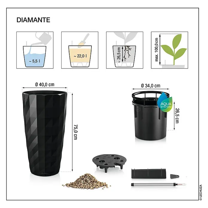 Lechuza Pflanzsäule rund Diamante - Außenmaß (Ø x H): 40 x 75 cm, Kunststoff, Weiß Matt - Schwarzer DIAMANTE Selbstbewässerungs-Pflanztopf mit Maßen und Systemkomponenten.