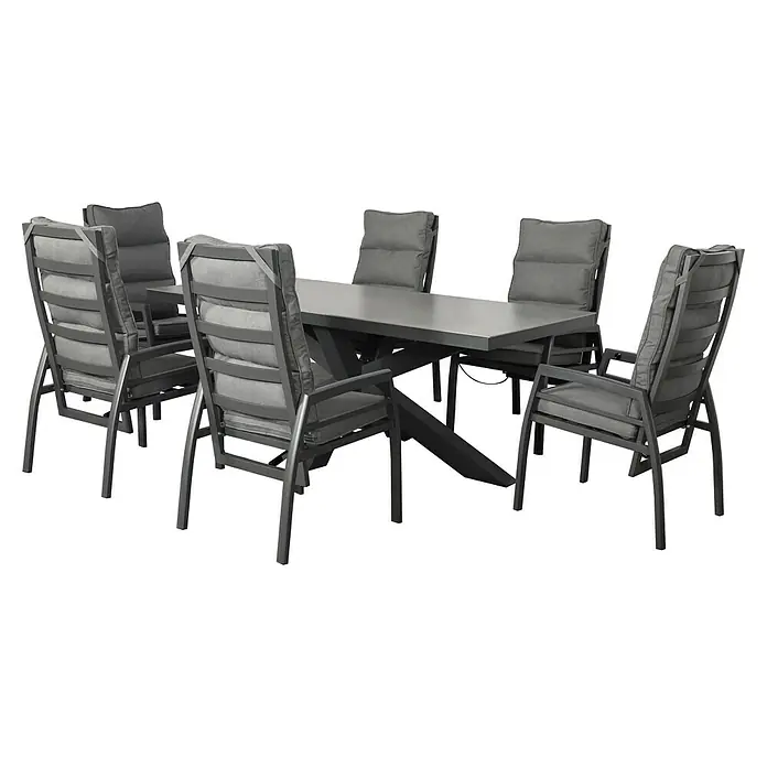 Gartentisch - L x B x H: 200 x 90 x 75 cm, Aluminium, Rechteckig, Anthrazit, inklusive Schutzhülle - Anthrazitfarbene Outdoor-Essgruppe mit rechteckigem Tisch und sechs Stühlen mit grauen Kissen.