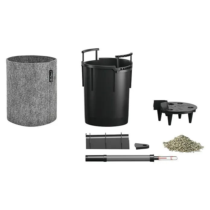 Lechuza Pflanztasche - Ø x H: 23 x 26,5 cm, Filz, Dunkelgrau - Selbstbewässerndes Pflanzgefäß-Set: grauer Filztopf, schwarzer Kunststoffeinsatz, Bewässerungssystemteile, Wasserstandsanzeiger und Pflanzsubstrat.