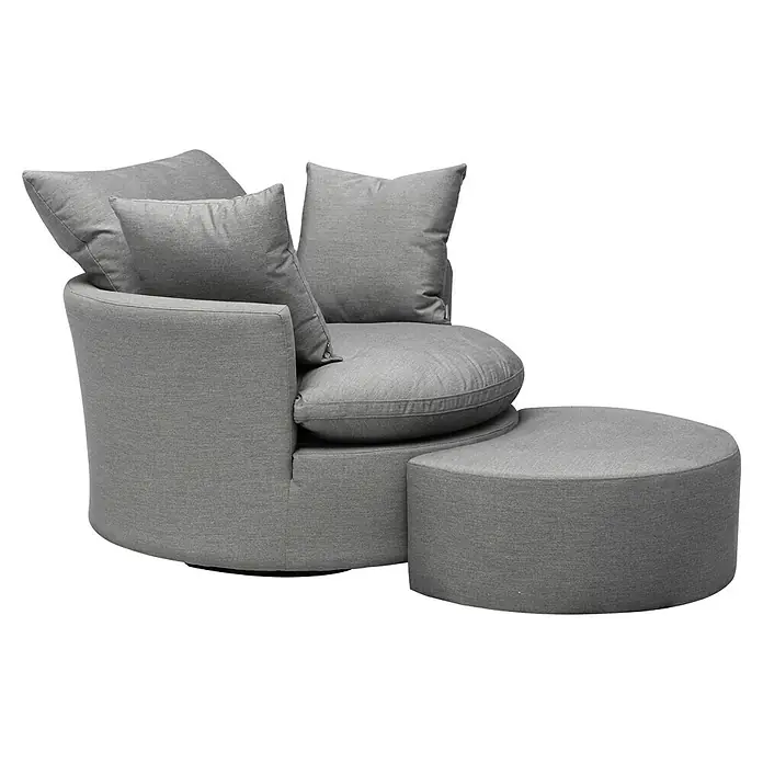 Loungemöbel-Set Lori - 3 -tlg., Aluminium, Polyester, Inklusive Hülle, Grau - Bequemer grauer Stoff-Drehsessel mit plüschigen Kissen und passendem runden Ottoman.