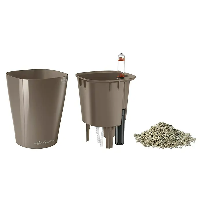 Lechuza Pflanztopf Mini-Deltini - Außenmaß (Ø x H): 10 x 13 cm, Kunststoff, Taupe - Taupefarbene Komponenten eines Selbstbewässerungs-Pflanzsystems: Übertopf, Pflanzeinsatz mit Wasserstandsanzeiger und Granulat.