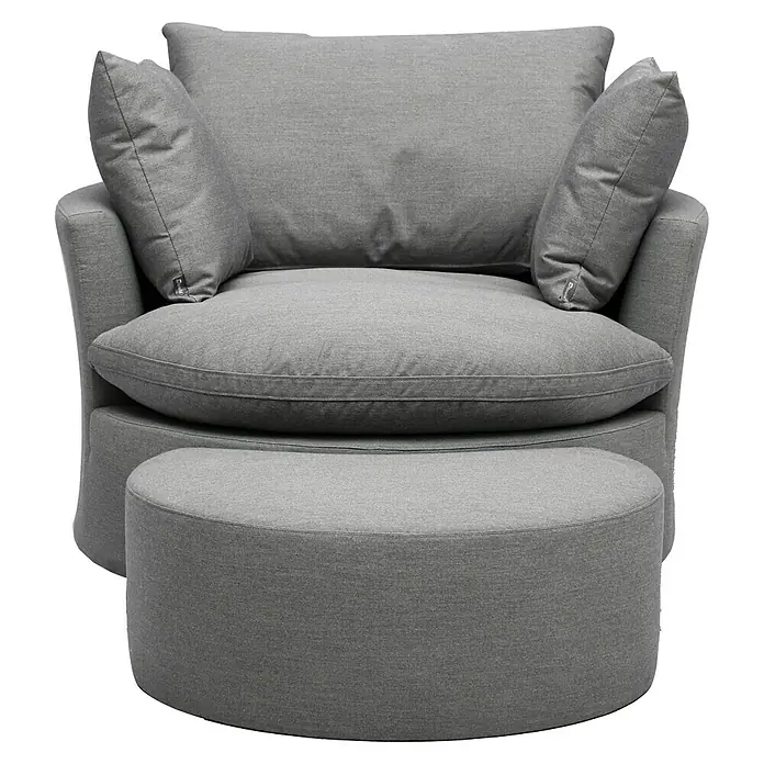 Loungemöbel-Set Lori - 3 -tlg., Aluminium, Polyester, Inklusive Hülle, Grau - Grauer Stoff-Drehsessel mit Plüschkissen und passendem rundem Ottoman.