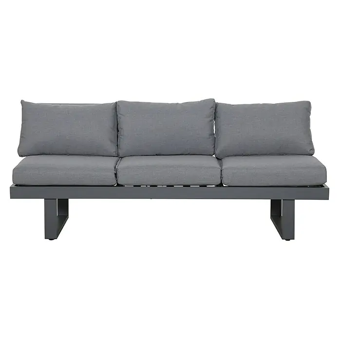 Gartenbank Fargo - B x T x H: 210 x 73 x 96 cm, Aluminium, SDP, Grau - Graues Outdoor-Sofa mit drei weichen Kissen und einem dunkelgrauen Metallrahmen.