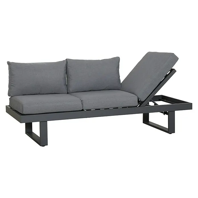 Gartenbank Fargo - B x T x H: 210 x 73 x 96 cm, Aluminium, SDP, Grau - Graues Outdoor-Lounge-Sofa mit verstellbarer Rückenlehne und dunkelgrauem Metallrahmen.