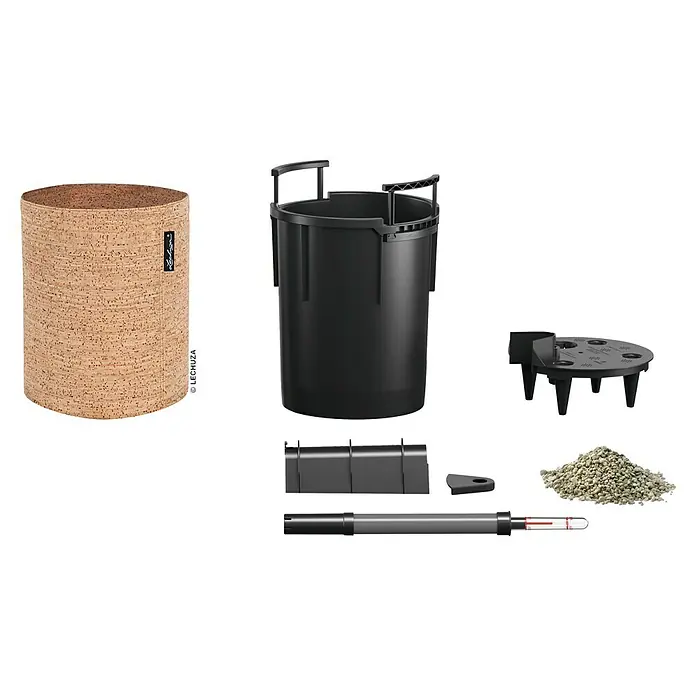 Lechuza Pflanztasche - Ø x H: 23 x 26,5 cm, Kork, Kork Hell - LECHUZA Selbstbewässerungs-Pflanzsystem: Kork-Übertopf, schwarzer Pflanzeinsatz, Bewässerungsteile, Wasserstandsanzeiger und Substrat.