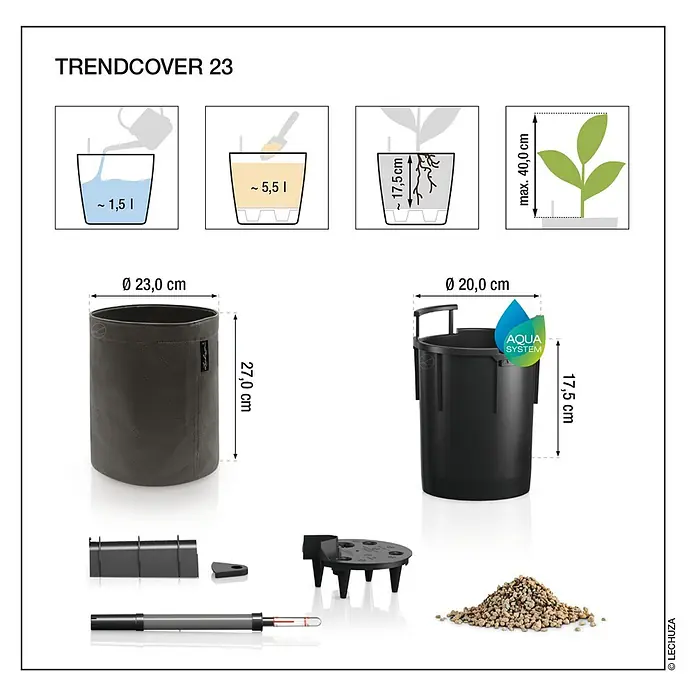 Lechuza Pflanztasche - Ø x H: 23 x 26,5 cm, Filz, Dunkelgrau - TRENDCOVER 23 Selbstbewässerungssystem mit dunkelgrauem Textilübertopf (Ø 23x27 cm) und schwarzem Innentopf (Ø 20x17.5 cm). Mit AQUA SYSTEM.