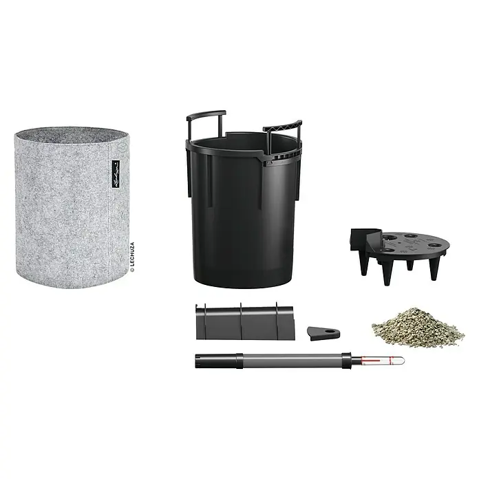 Lechuza Pflanztasche - Ø x H: 32 x 33 cm, Filz, Hellgrau - Teile für selbstbewässerndes Pflanzgefäß: hellgrauer Filztopf, schwarzer Kunststoffeinsatz, Bewässerungssystem, Wasserstandsanzeiger, Granulat.