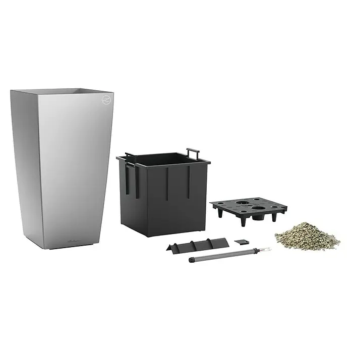 Lechuza Pflanzsäule eckig Premium - Außenmaß (L x B x H): 39,5 x 39,5 x 75,5 cm, Kunststoff, Silber Metall - Silberner rechteckiger Pflanzkübel mit seinen dunkelgrauen Selbstbewässerungskomponenten: Inneneinsatz, Substratabscheider, Wasserstandsanzeiger und Granulat.