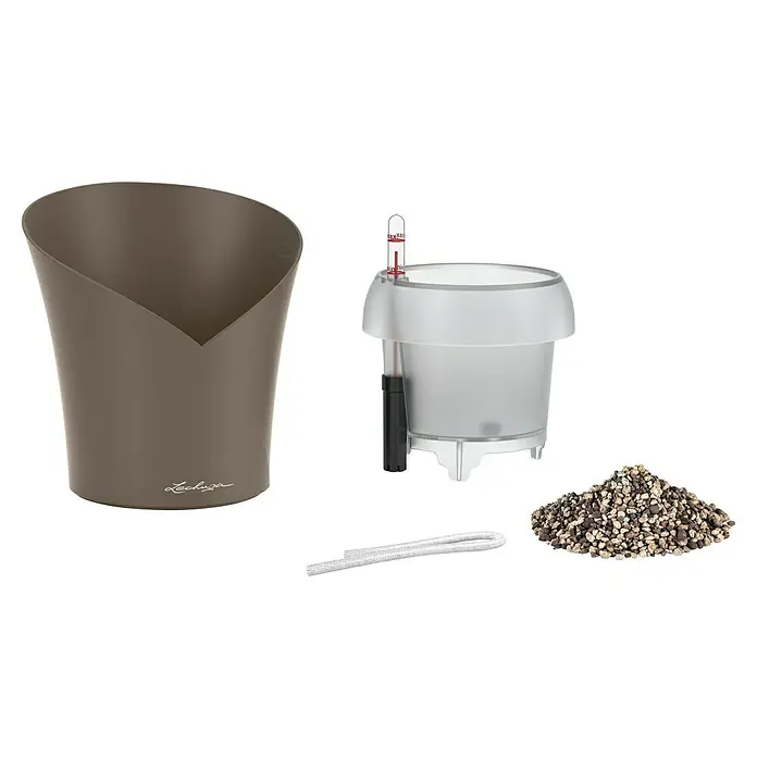 Lechuza Orchideentopf Orchidea All-in-One - Außenmaß (Ø x H): 18 x 20 cm, Kunststoff, Taupe - Lechuza Selbstbewässerungs-Pflanzgefäß-Set: taupefarbener Übertopf, transparenter Innentopf mit Wasserstandsanzeiger, Docht und mineralischem Pflanzsubstrat.