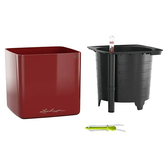 Lechuza Kräuterkasten Cube Glossy - Außenmaß (L x B x H): 17 x 17 x 16 cm, Kunststoff, Rot, Glänzend - Roter Hochglanz-Selbstbewässerungs-Pflanztopf mit schwarzem Einsatz, Wasserstandsanzeiger und Docht.