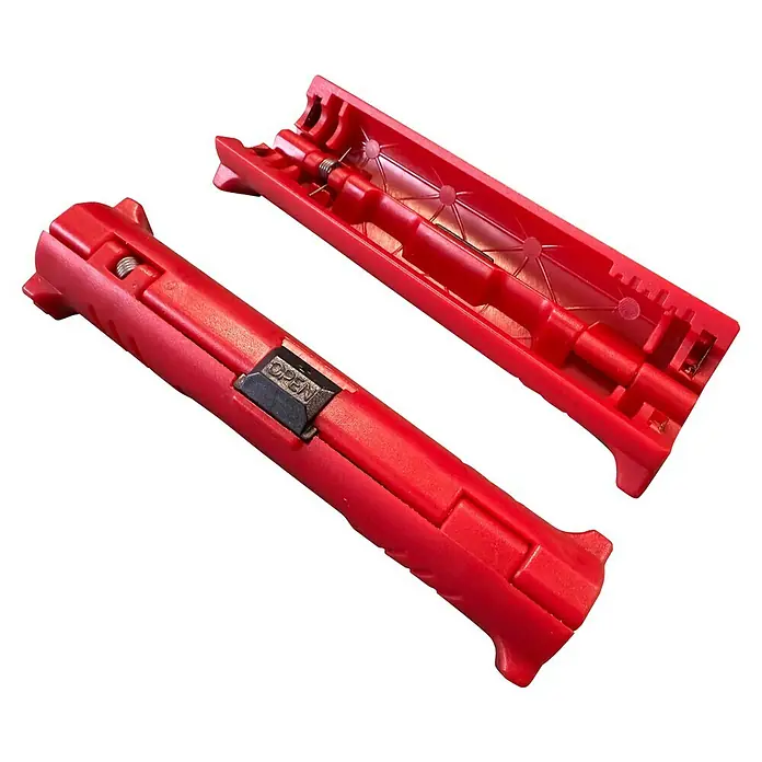 Pelacables coaxial - Específico para: Cables de antena de televisión y satélite - Herramienta pelacables de plástico rojo, abierta para revelar el mecanismo de resorte interno y el deslizador "OPEN".