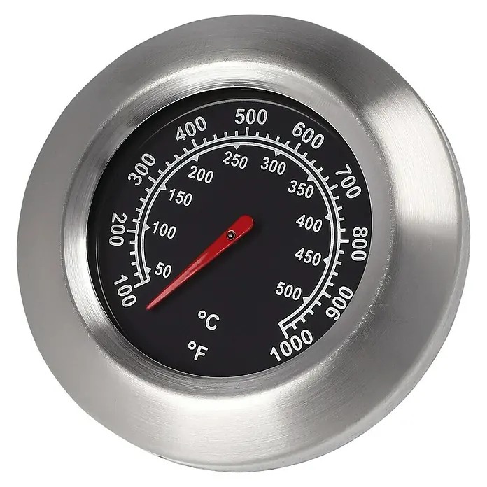 Grillstar Ersatz-Thermometer Nr. 33 - Passend für: Grillstar Gasgrill Powerburner 350-1 - Rundes Edelstahl-Thermometer mit schwarzem Zifferblatt, weißen Zahlen und rotem Zeiger, zeigt Temperatur in Celsius und Fahrenheit an.