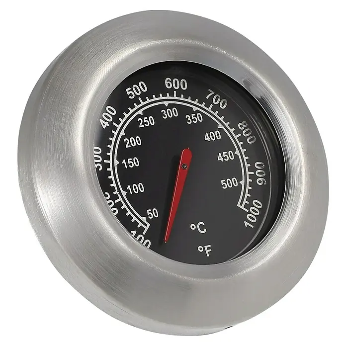 Grillstar Ersatz-Thermometer Nr. 2 - Passend für: Grillstar Gasgrill Powerburner 250-1 - Rundes Edelstahl-Thermometer mit schwarzem Zifferblatt, weißer C/F-Skala und rotem Zeiger zur Temperaturmessung.