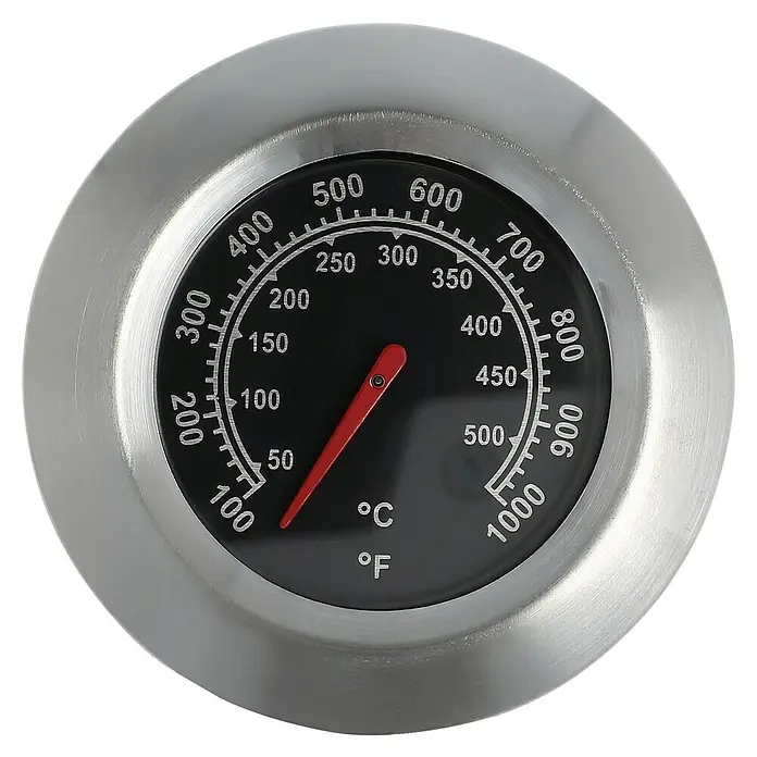 Grillstar Ersatz-Thermometer Nr. 2 - Passend für: Grillstar Gasgrill Powerburner 250-1 - Rundes Thermometer mit silbernem Rand, schwarzem Zifferblatt und rotem Zeiger, zeigt Temperatur in Celsius und Fahrenheit an.