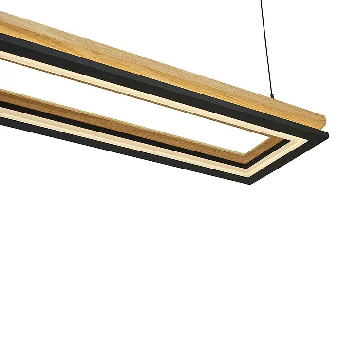 Direct Signs LED-Pendelleuchte Tobi Akus - 83 W, L x B x H: 94,4 x 19,4 x 150 cm, Schwarz, Holzdekor, Warmweiß - Rechteckige Pendelleuchte aus Holz mit schwarzem Rahmen und weißem Diffusor.