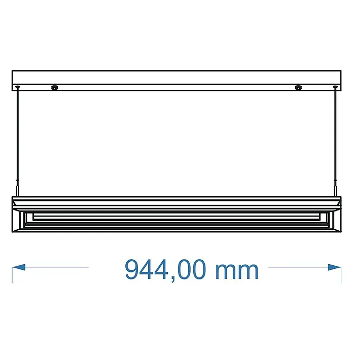 Direct Signs LED-Pendelleuchte Tobi Akus - 83 W, L x B x H: 94,4 x 19,4 x 150 cm, Schwarz, Holzdekor, Warmweiß - Eine schematische Darstellung einer hängenden linearen Leuchte mit den Abmessungen 944 mm.