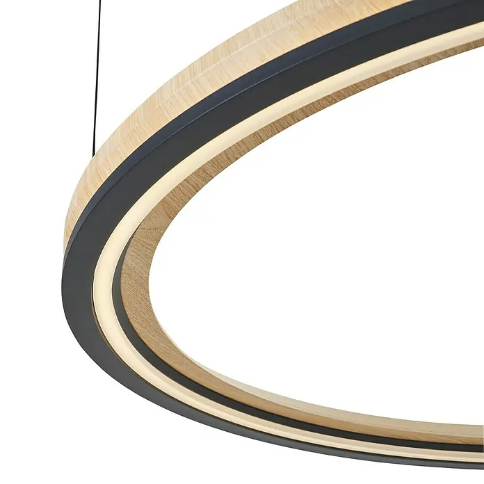 Direct Signs LED-Pendelleuchte rund Tobi Akus - 100 W, Ø x H: 84,4 x 150 cm, Schwarz, Holzdekor, Warmweiß - Moderne runde LED-Hängeleuchte mit hellem Holz, dunkelgrauen und beleuchteten weißen Bändern.