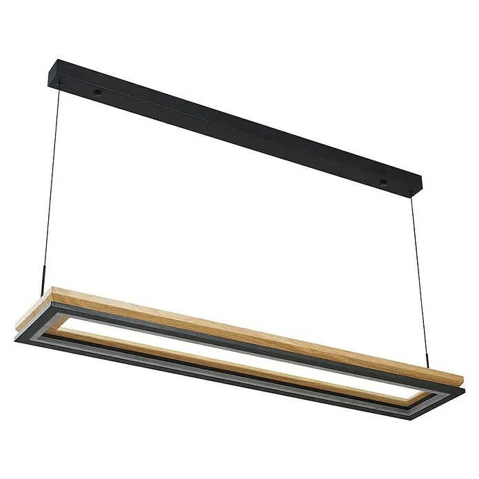 Direct Signs LED-Pendelleuchte Tobi Akus - 83 W, L x B x H: 94,4 x 19,4 x 150 cm, Schwarz, Holzdekor, Warmweiß - Rechteckige LED-Pendelleuchte mit schwarzer Deckenleiste, Naturholz und dunkelgrauem Metallrahmen.