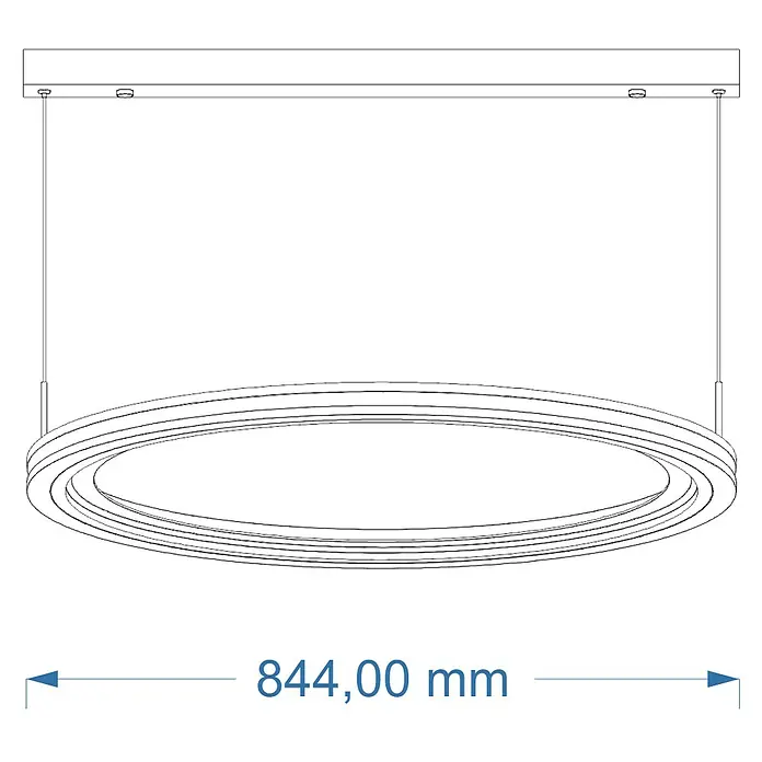 Direct Signs LED-Pendelleuchte rund Tobi Akus - 100 W, Ø x H: 84,4 x 150 cm, Schwarz, Holzdekor, Warmweiß - Technische Zeichnung einer runden LED-Pendelleuchte, 844 mm Durchmesser, von einer Deckenhalterung abgehängt.