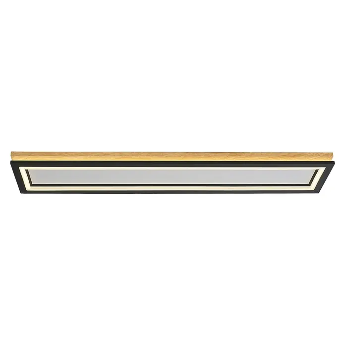 Direct Signs LED-Deckenleuchte Tobi Akus - 83 W, L x B x H: 94,4 cm x 19,4 cm x 43 mm, Schwarz, Holzoptik, Warmweiß - Rechteckige LED-Leuchte mit heller Holzoberseite und schwarzem Rahmen um ein leuchtendes weißes Panel.