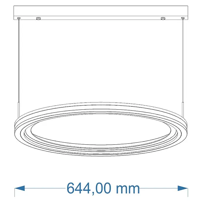 Direct Signs LED-Pendelleuchte rund Tobi Akus - 72 W, Ø x H: 64,4 x 150 cm, Schwarz, Holzdekor, Warmweiß - Technische Zeichnung einer runden Hängeleuchte, Durchmesser 644 mm.
