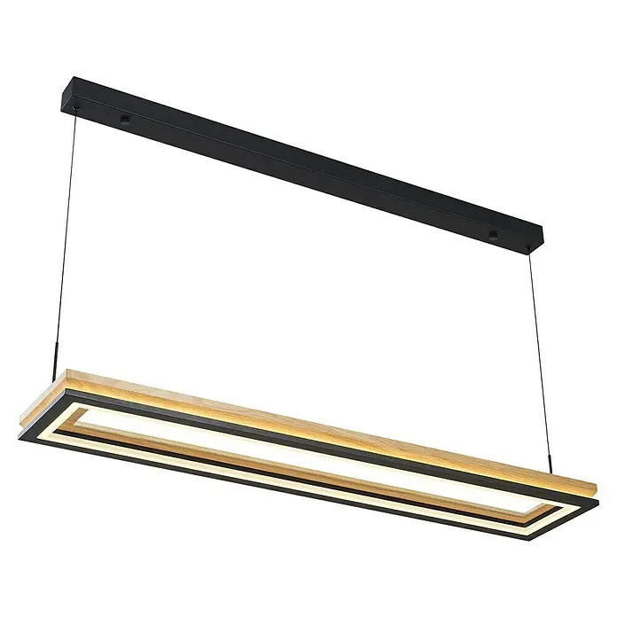 Direct Signs LED-Pendelleuchte Tobi Akus - 83 W, L x B x H: 94,4 x 19,4 x 150 cm, Schwarz, Holzdekor, Warmweiß - Rechteckige LED-Pendelleuchte, schwarzer Metallrahmen mit hellem Holz, hängend.