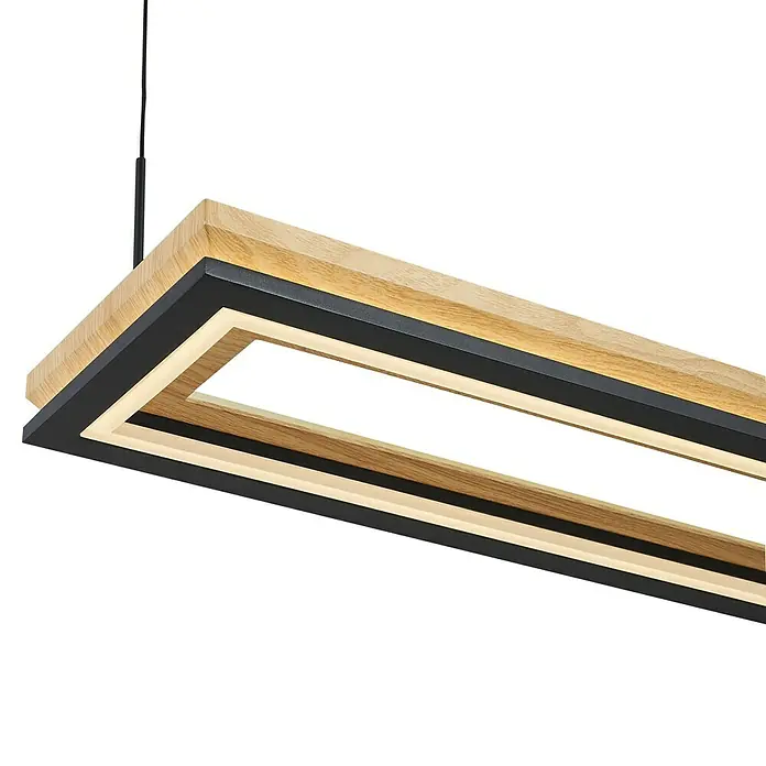 Direct Signs LED-Pendelleuchte Tobi Akus - 83 W, L x B x H: 94,4 x 19,4 x 150 cm, Schwarz, Holzdekor, Warmweiß - Rechteckige Pendelleuchte mit Naturholzplatte und schwarzem Rahmen, mit beleuchteter LED-Leiste.