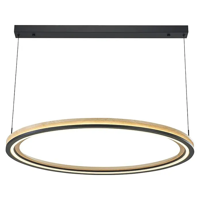 Direct Signs LED-Pendelleuchte rund Tobi Akus - 100 W, Ø x H: 84,4 x 150 cm, Schwarz, Holzdekor, Warmweiß - Moderne ovale Pendelleuchte aus Holz und schwarzem Rahmen, von einer schwarzen Deckenleiste abgehängt.