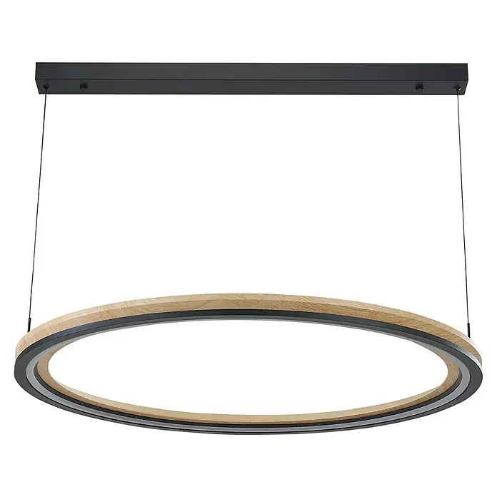 Direct Signs LED-Pendelleuchte rund Tobi Akus - 100 W, Ø x H: 84,4 x 150 cm, Schwarz, Holzdekor, Warmweiß - Moderne LED-Pendelleuchte: schwarze rechteckige Deckenhalterung und ovaler Ring mit Holz-, Schwarz- und Grauelementen, inklusive integriertem Licht.