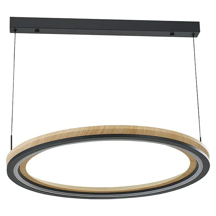 Direct Signs LED-Pendelleuchte rund Tobi Akus - 72 W, Ø x H: 64,4 x 150 cm, Schwarz, Holzdekor, Warmweiß - Runde Pendelleuchte mit hellem Holz- und dunkelgrauem Rahmen, weißem Diffusor, an schwarzer Deckenhalterung.