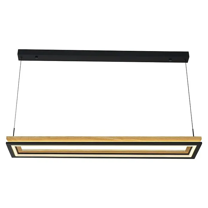 Direct Signs LED-Pendelleuchte Tobi Akus - 83 W, L x B x H: 94,4 x 19,4 x 150 cm, Schwarz, Holzdekor, Warmweiß - Rechteckige schwarze Metall- und Holz-Pendelleuchte mit integrierter LED-Beleuchtung.