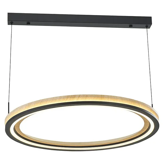 Direct Signs LED-Pendelleuchte rund Tobi Akus - 72 W, Ø x H: 64,4 x 150 cm, Schwarz, Holzdekor, Warmweiß - Moderne runde LED-Pendelleuchte in heller Holzoptik mit schwarzen Akzenten, an einer linearen Stange aufgehängt.