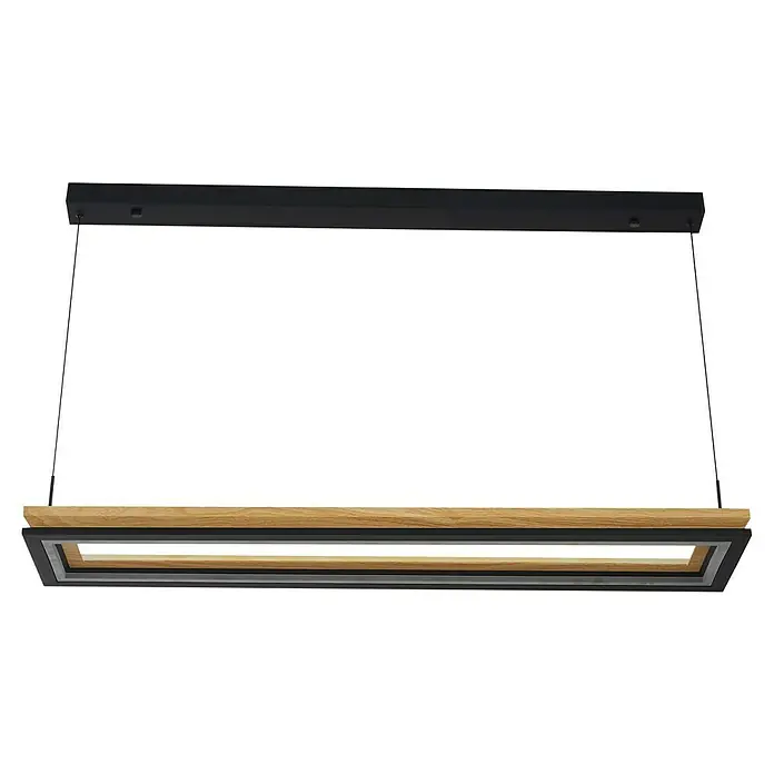 Direct Signs LED-Pendelleuchte Tobi Akus - 83 W, L x B x H: 94,4 x 19,4 x 150 cm, Schwarz, Holzdekor, Warmweiß - Rechteckige Pendelleuchte mit schwarzem Metallrahmen und Naturholzdetails, an dünnen Kabeln aufgehängt.