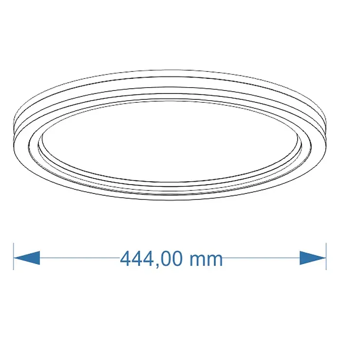 Direct Signs LED-Deckenleuchte rund Tobi Akus - 48 W, Ø x H: 44,4 cm x 43 mm, Schwarz, Holzoptik, Warmweiß - Technische Zeichnung eines runden Rings oder einer Blende mit 444 mm Durchmesser.