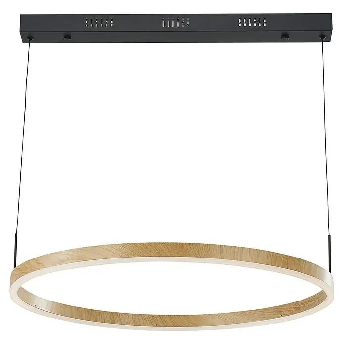 Direct Signs LED-Pendelleuchte rund Noble Akus – CCT - 40 W, Ø x H: 60 x 150 cm, Holzdekor, Warmweiß - Runde LED-Pendelleuchte aus hellem Holz mit schwarzer Deckenleiste.