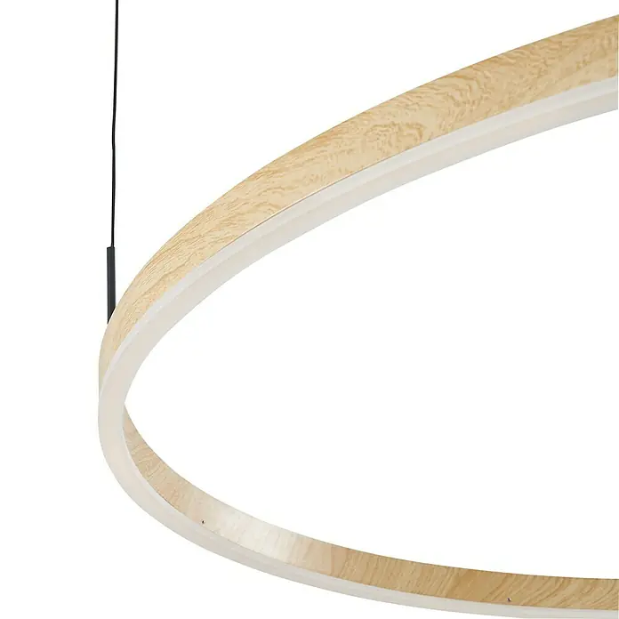 Direct Signs LED-Pendelleuchte rund Noble Akus – CCT - 50 W, Ø x H: 80 x 150 cm, Holzdekor, Warmweiß - Moderne runde LED-Pendelleuchte mit hellem Holzfinish, weißem Diffusor und schwarzem Aufhängungskabel.