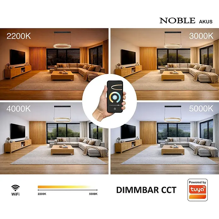 Direct Signs LED-Pendelleuchte rund Noble Akus – CCT - 50 W, Ø x H: 80 x 150 cm, Holzdekor, Warmweiß - Smarte LED-Ringpendelleuchte, die einstellbare Farbtemperaturen (2200K-5000K) und App-Steuerung in einem Wohnzimmer zeigt.