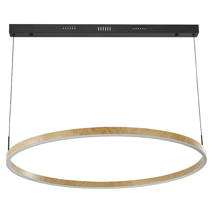 Direct Signs LED-Pendelleuchte rund Noble Akus – CCT - 50 W, Ø x H: 80 x 150 cm, Holzdekor, Warmweiß - Moderne schwarze Pendelleuchte mit ovalem LED-Ring aus hellem Holz und weiß, an dünnen Kabeln hängend.
