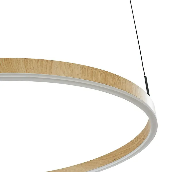 Direct Signs LED-Pendelleuchte rund Noble Akus – CCT - 50 W, Ø x H: 80 x 150 cm, Holzdekor, Warmweiß - Runde Pendelleuchte mit hellem Holz-Außenring, weißem Innenring und schwarzem Aufhängungskabel.